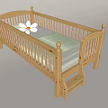 Wooden Kids Bed With Railing Ladder Green Blanket And White Flower Pillow