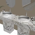 Modern Bathroom Vanity With Marble Countertop Double Sink Round Mirrors Window Blinds Toiletries and Potted Plants
