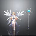 Angelic Winged Character with Pink Hair and White Feathers Holding Magic Staff Blue Orb