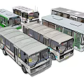 Multiple Different Model Buses Featuring White And Green Colors Front View Fleet