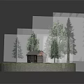 Cartoon Scene of Small Wooden Cabin on Circular Platform With Surrounding Trees and Purple Flowers