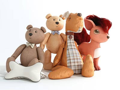 Adorable Plush Toys Collection Featuring Bears Dog Deer And Bone Shaped Design 3d model