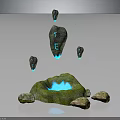 Futuristic Rock Formation With Green Platform Blue Pool Floating Rocks Glowing Lines And Water Droplets