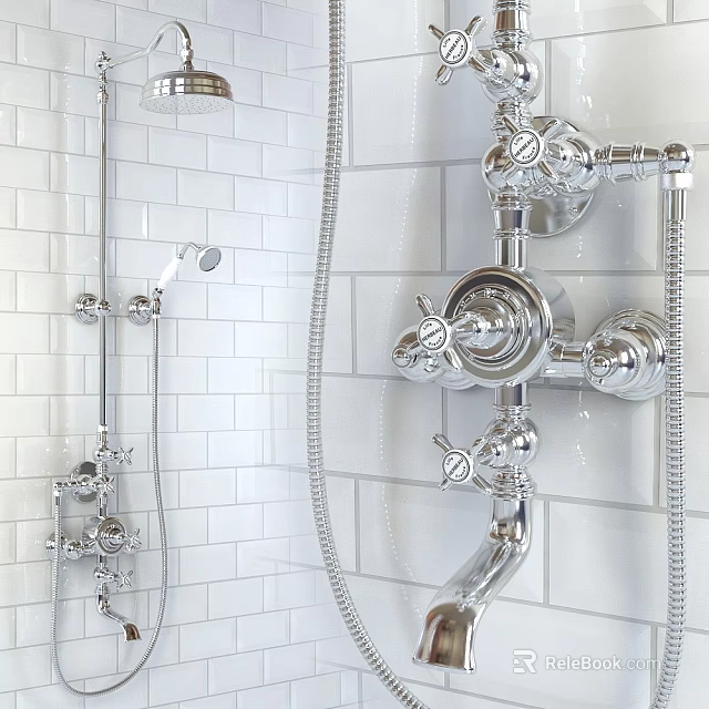Chrome Bathroom Shower Fixture with Handheld Overhead Showerheads on White Tiled Wall and Control Knobs 3d model 