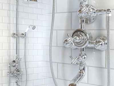 Chrome Bathroom Shower Fixture with Handheld Overhead Showerheads on White Tiled Wall and Control Knobs 3d model