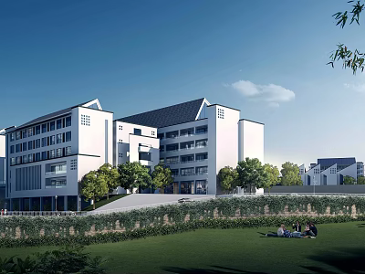 White Multi Floor School Building With Traditional Roof Surrounded By Trees And Lawn 3d model