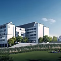 White Multi Floor School Building With Traditional Roof Surrounded By Trees And Lawn