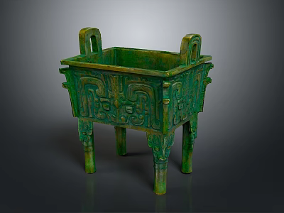 Ancient Bronze Vessel With Square Shape Decorative Handles Intricate Ornaments And Green Patina 3d model