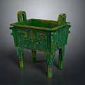 Ancient Bronze Vessel With Square Shape Decorative Handles Intricate Ornaments And Green Patina