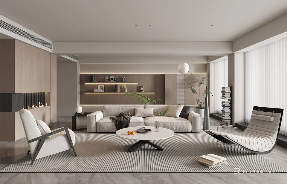 Spacious Modern Living Room With Beige Sofa Round Coffee Table Fireplace And Potted Plants 3d model 