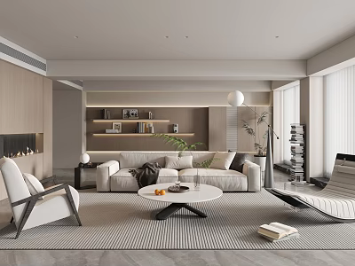 Spacious Modern Living Room With Beige Sofa Round Coffee Table Fireplace And Potted Plants 3d model