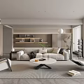 Spacious Modern Living Room With Beige Sofa Round Coffee Table Fireplace And Potted Plants