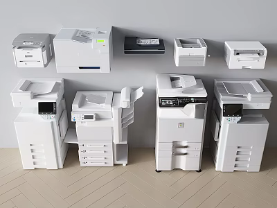 Office Appliances Including White Printers And Copiers Arranged On Gray Background With Light Wooden Floor 3d model