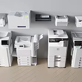 Office Appliances Including White Printers And Copiers Arranged On Gray Background With Light Wooden Floor