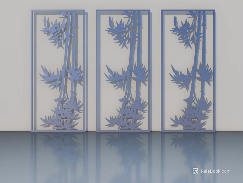 Three Blue Hinged Doors Featuring Bamboo Leaf Patterns On Light Background With Floor Reflections 3d model