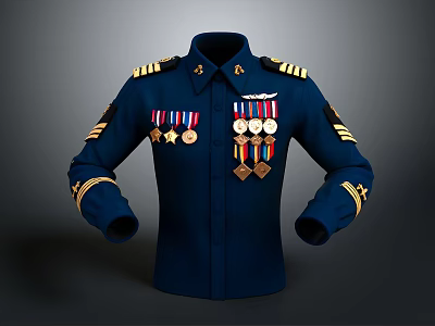 Dark Blue Military Uniform With Gold Shoulder Epaulettes Medals And Arm Patches 3d model