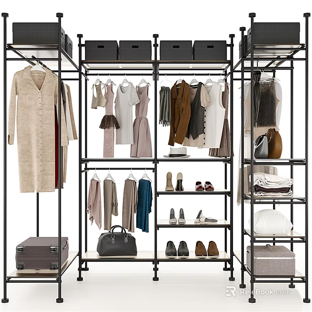 Organized Clothes Rack With Hanging Clothes Shoes Handbags And Storage Boxes 3d model