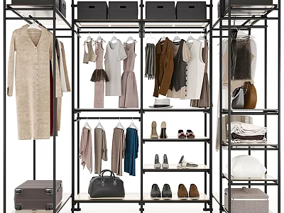 Organized Clothes Rack With Hanging Clothes Shoes Handbags And Storage Boxes 3d model