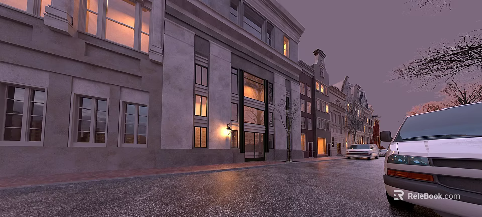 Modern Building Exterior With Large Swing Door On Urban Street At Dusk 3d model 
