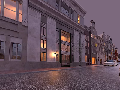 Modern Building Exterior With Large Swing Door On Urban Street At Dusk 3d model