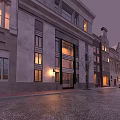 Modern Building Exterior With Large Swing Door On Urban Street At Dusk