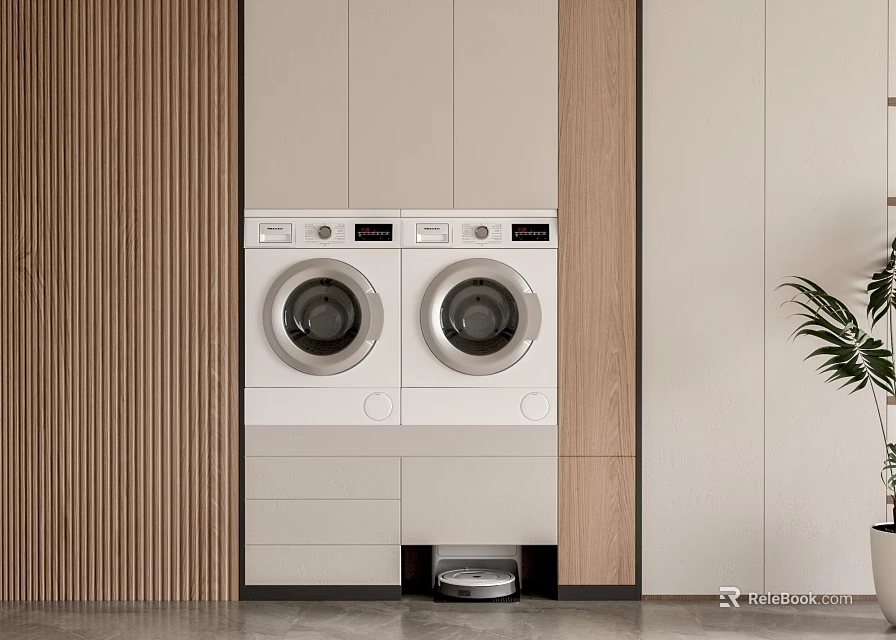 Modern Laundry Interior Design With Double Washing Machines And Wooden Storage Cabinets 3d model 