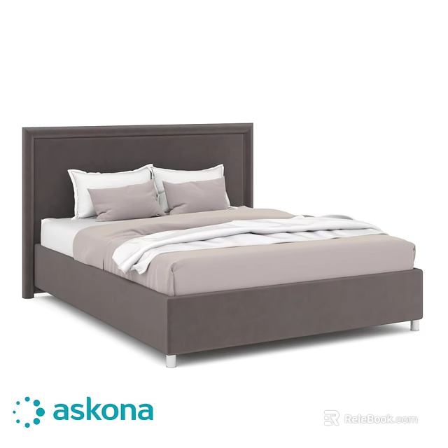 Double Bed with Dark Gray Upholstered Headboard and Light Gray Bedding 3d model 