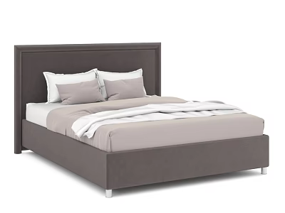 Double Bed with Dark Gray Upholstered Headboard and Light Gray Bedding 3d model