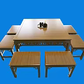 Traditional Wooden Square Dining Table Set With Six Benches And Tea Set 3d model