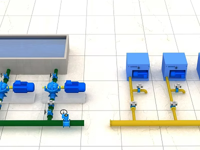 Industrial Equipment Layout With Blue Pumps Green Yellow Pipes And Control Cabinets 3d model
