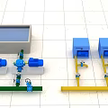 Industrial Equipment Layout With Blue Pumps Green Yellow Pipes And Control Cabinets