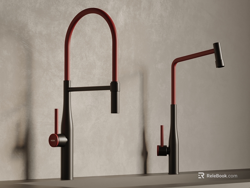 Two Red And Black Modern Kitchen Faucets Mounted On Countertop With Sleek Design 3d model 
