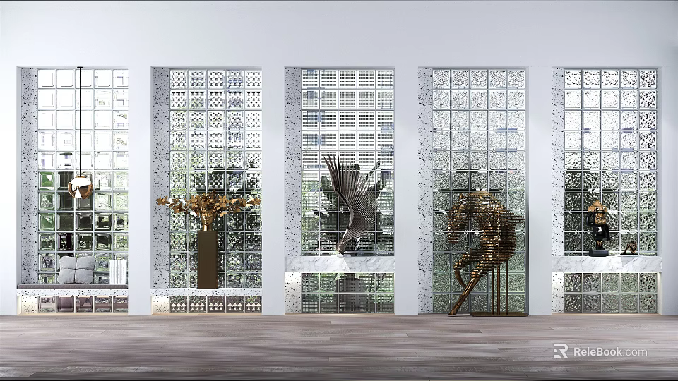 Modern Wall with Perforated Marble Panels and Artistic Sculptures in Spacious Interior 3d model 