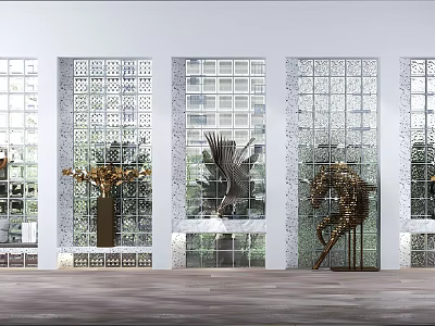 Modern Wall with Perforated Marble Panels and Artistic Sculptures in Spacious Interior 3d model