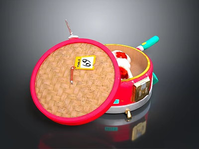 Red Household Storage Container with Bamboo Lid Yellow Label 88 and Green Handle 3d model