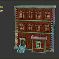 Cartoon Scene Of Red Brick Building With Multiple Floors Yellow Windows And Stone Steps