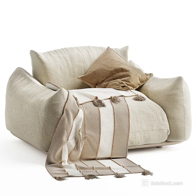 Light Beige Linen Single Sofa With Brown Cushion And Striped Tassel Blanket Modern Design 3d model 