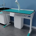 Functional Table with White and Green Design Blue Background Wall Drawers and Central Faucet Structure