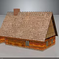 Traditional Rustic Wooden House With Thatch Roof Brick Chimney And Small Windows