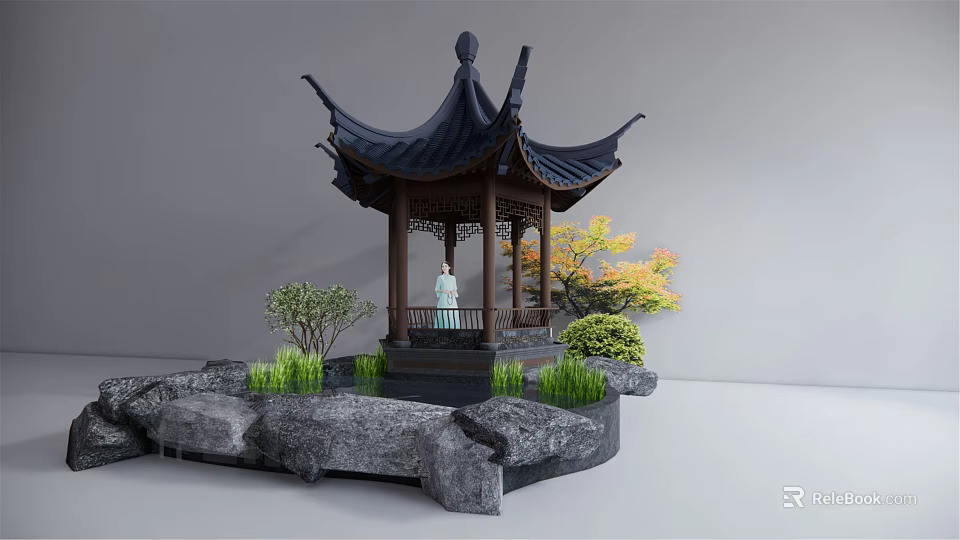 Traditional Chinese Pavilion with Black Roof Wooden Structure Surrounded by Rocks and Green Plants 3d model 