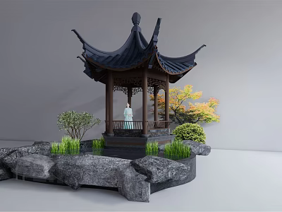 Traditional Chinese Pavilion with Black Roof Wooden Structure Surrounded by Rocks and Green Plants 3d model