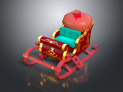 Red Sleigh Shaped Play Equipment with Golden Decorations Blue Seat and Red Top Bow 3d model