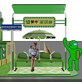 Green Ice Cream Truck With Ice Cream Dessert Decorations And Striped Umbrella Outdoor