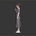 Stylish Woman With Red Hair Wearing Plaid Dress White Collar And White Shoes