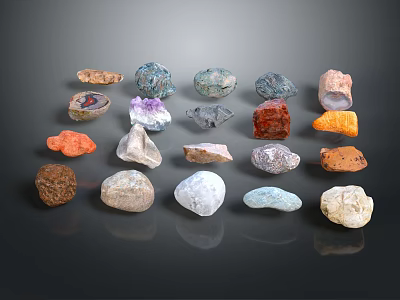Natural Stone Materials with Various Colors and Different Shapes Arranged on Black Background 3d model