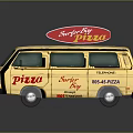 Golden Bus With Surfer Boy Pizza Branding For Delivery Service