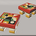 Two Modern Colorful Square Ottomans With Red Yellow Green Geometric Patterns 3d model