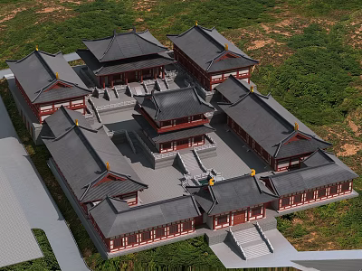 Traditional Chinese Ancient Architecture Courtyard With Black Tiled Roofs Red Walls And Flying Eaves 3d model