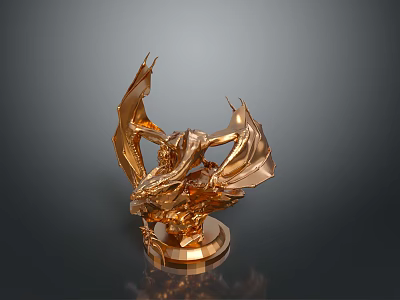Game Movie Character Golden Dragon Statue With Detailed Wings On Shiny Base 3d model
