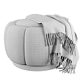 Plush Ivory Bouclé Fabric Ottoman With Gold Metal Base and Soft Gray Throw Blanket